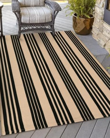 OJIA Outdoor Area Rugs 4'x6', Black and Tan Outdoor Rug Machine Washable Patio Rugs Cotton Hand Woven Entryway Rug Indoor Rugs for Bedroom/Porch/Deck/Backyard/Camping/Living Room