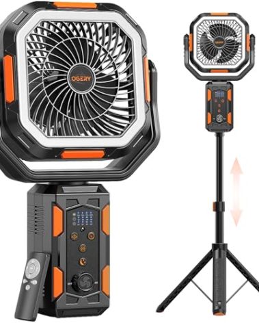 OGERY F21 Camping Fan with Stand, 20000mAh Rechargeable Battery Powered Standing Fan, LED Lanterns for Power Outages, Strong Wind, Fast Charging for Tent, Travel, Bedroom, Camping Essentials