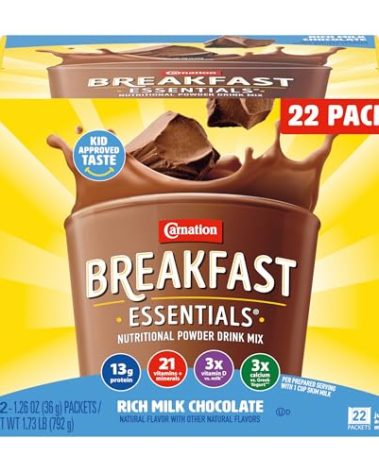 Carnation Breakfast Essentials Powder Drink Mix, Rich Milk Chocolate, 22 Count Box of 1.26 Ounce Packets