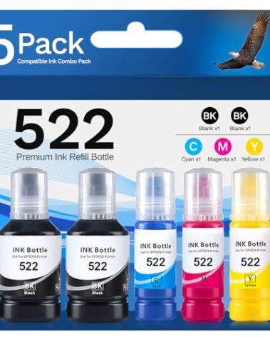 522 Ink Refill Bottles Compatible for Epson 522 Ink Refill Bottles 5 Pack Replacement for EcoTank ET-2803 ET-2800 ET-2720 ET-4800 Printer