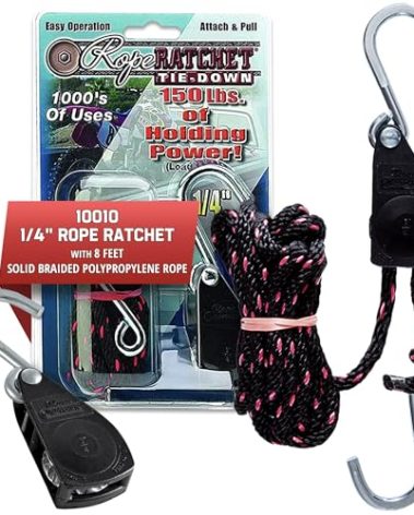 Rope Ratchet 1/4" Adjustable Pulley System – 150 lb Capacity Heavy-Duty 8' Braided Polypropylene Rope, Locking Rope Hanger, Grow Lights, Tarp Tie Downs, Kayak Straps, Plant Pulleys, Tent Tie Downs