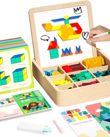 edutree Wooden Magnetic Pattern Block Set with Cards & Pen, 248 Pcs Montessori Creative Magnetic Puzzle Toys for Toddlers 4-8, Learning Educational STEM Tangrams for Kids Boys Girls 4 5 6 7 8