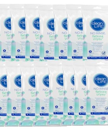 No-Rinse Bathing Wipes by Cleanlife Products (15 Pack), Premoistened and Aloe Vera Enriched for Maximum Cleansing and Deodorizing - Microwaveable, Hypoallergenic, Rinse-Free and Latex-Free (8 Wipes)