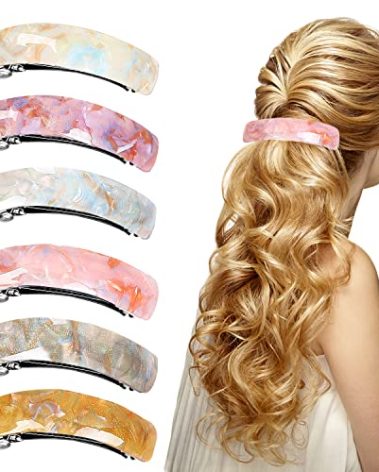 6 Retro Acrylic Marble Barrettes for Women - Fine Glitter Hair Clips, Large French Automatic Barrettes for Girls and Thick Hair, 6 Colors