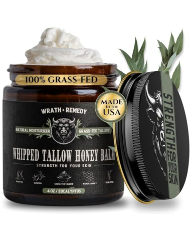 Organic Beef Tallow for Skin - 4 OZ (Eucalyptus) — Grass Fed Beef Tallow for face + Body — US-Made Whipped Tallow and Honey Balm Moisturizer for Dry and Sensitive Skin, Eczema, Rosacea (No Additives)