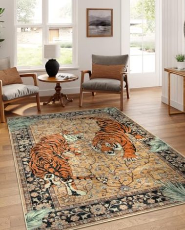 Moynesa Tiger 5x7 Area Rugs, Boho Washable Rugs for Living Room, Vintage Soft Dining Room Rug, Non Slip Ultra Thin Stain Resistant Large Floor Carpet for Office Bedroom, Camel