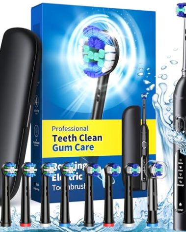 TEETHEORY Rotating Electric Toothbrush for Adults with 8 Brush Heads (2 Types), 4 Modes Deep Clean Electric Toothbrush with Rechargeable Power and 2 Min Smart Timer (1- Black, with travelcase)