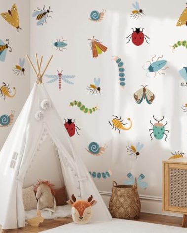 Insect Cartoon Wall Sticker, Nursery Decor, Caterpillars, Dragonflies, Snails, Ladybugs Wall Decor Mural for Nursery Bedroom Living Room Kitchen Home Wall Decals Decoration.