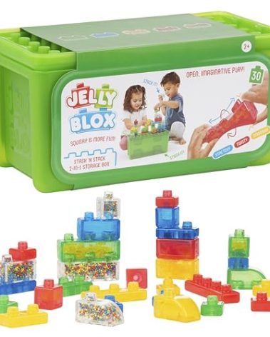 Jelly Blox Stash 'N Stack 2-in-1 Storage Case Including 30 Blocks | Toddler & Preschool Building Blocks Kids Can Squeeze & Stretch | Safety Tested & Ouch-Free | Tactile, Sensory Play Toy for Ages 2+