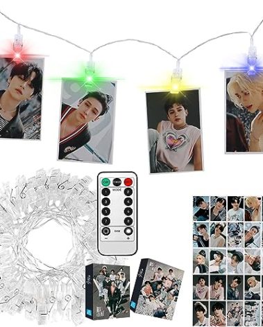 eTel Like Stray Kids Merch 4 Colors LED Clip Light with Big Photocards, Remote Control 10Ft 20LED and 30Pcs 3.1‘’x 4.7‘’ Lomo Card, Home Room Decoration for Gifts