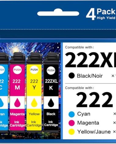 222XL Ink Cartridges Remanufactured for Epson 222XL Ink Cartridges Combo Pack High Capacity 222 XL T222XL 222 for Epson Printer Workforce WF-2960 Expression XP-5200 (4 Pack)