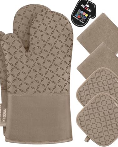 KEGOUU Oven Mitts and Pot Holders 6pcs Set, Kitchen Oven Glove High Heat Resistant 500 Degree Extra Long Oven Mitts and Potholder with Non-Slip Silicone Surface for Cooking (Khaki)