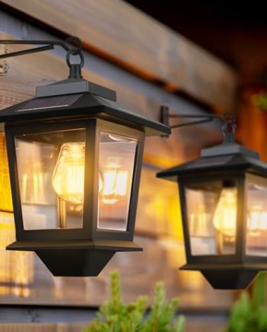 2 Pack Solar Wall Lanterns with Replaceable Bulb,Outdoor Hanging Lights with 4 Solar Panels,Dusk to Dawn Led Outdoor Wall Sconce, Anti-Rust Waterproof Lanterns with Hooks,3000K Warm White