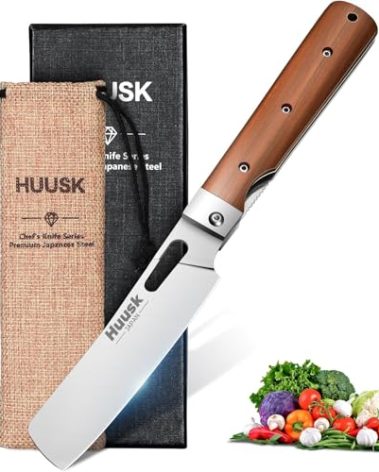 Huusk Japanese Folding Nakiri Knife - Pocket Chef Knife with 440C Stainless Steel Ultra Sharp Blade, Portable kitchen knife for BBQ Trip Outdoor, Gifts for Men