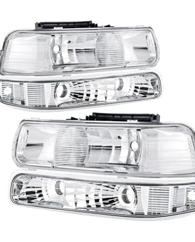 Headlights Assembly Compatible with 99-02 Chevy Silverado / 00-06 Tahoe Suburban Headlights Headlamp with Bumper Lights, Chrome Housing Clear