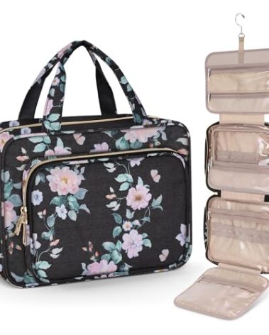 Wedama Toiletry Bag for Women, Large Cosmetic Travel Bag, Hanging Toiletry Bag for Bathroom, PVC Waterproof Makeup Bag, Toiletries Bag for Travel Business Trips and Camping, Black+Pink Floral