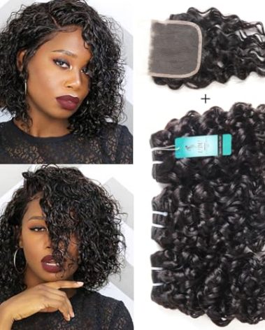 Malaysian Water Wave Bundles with Closure 12A Bundles Human Hair Ocean Wave Wet & Wavy Human Hair Bundles with Lace Closure 100% Human Hair Extensions Remy Hair Bundles (8 8 8+8inch)