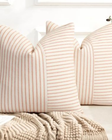 YCOLL Fall Pillow Covers 18x18, Modern Accent Throw Pillow Covers Set of 2, Burnt Orange Striped Patchwork Linen Decorative Pillows Cushion Covers for Couch Chair Bedroom Fall Decorations