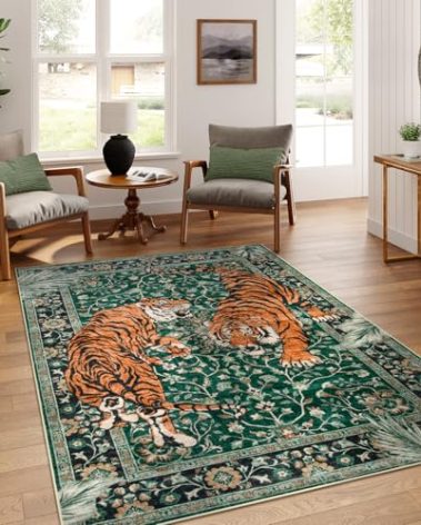 Moynesa Tiger 5x7 Area Rug, Boho Washable Living Room Rug, Non Slip Green Rugs for Bedroom, Ultra Thin Vintage Soft Stain Resistant Throw Floor Carpet for Office Dining Room