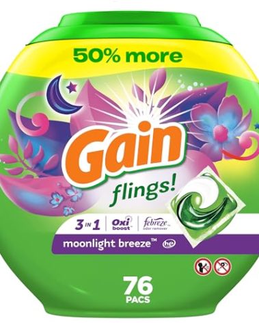 Gain flings Laundry Detergent Soap Pacs, HE Compatible, Long Lasting Scent, Moonlight Breeze Scent, 76 Count