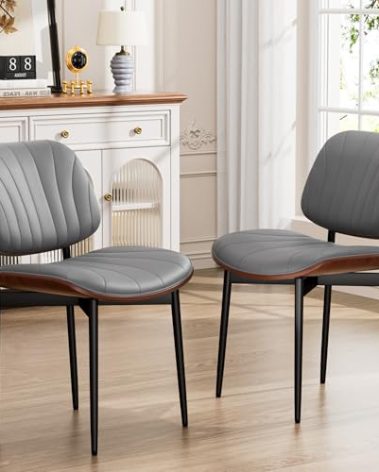 YaFiti Dining Chairs Set of 2, Dining Room and Kitchen Chairs, Mid Century Modern Accent Chair, Upholstered PU Leather Chairs for Vanity with Walnut Bentwood and Metal Legs, Gray