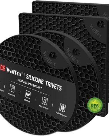 Walfos Silicone Trivet Mats - 4 Heat Resistant Pot Holders, Multipurpose Non-Slip Hot Pads for Kitchen Potholders, Hot Dishers, Jar Opener, Spoon Holder, Food Grade Silicone & BPA Free (Black)