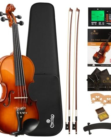 Cecilio 4/4 Violin Set Full Size Fiddle Solidwood Ebony Fitted LEFT-HANDED Violin with D'Addario Prelude Strings | Complete Set with Hard Case, Bows, Tuner, Rosin & Shoulder Rest