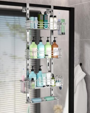 HapiRm Hanging Shower Caddy Organizer - Shower Shelf with 22 Hooks and 2 Toothbrush Holders, No Drilling Adjustable Hanging Bathroom Organizer - Silver