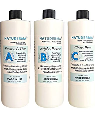 Hydrodermabrasion Solution, Aqua Peeling Serum, Solution for Wet Microdermabrasion, 3 bottles of 16 oz each, Natuderma Hydro Serum. MADE IN USA