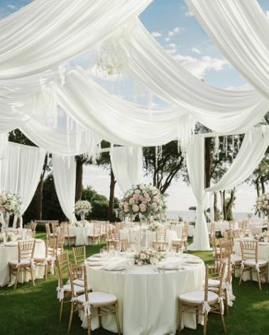 Htper 2 Panels 5x20ft Ivory Ceiling Drapes for Wedding Parties, Wrinkle Free Thick Polyester 20ft Extra Long Wedding Draping Ivory Ceiling Curtains Arch Drapery for Birthday Party Canopy Tent Decor