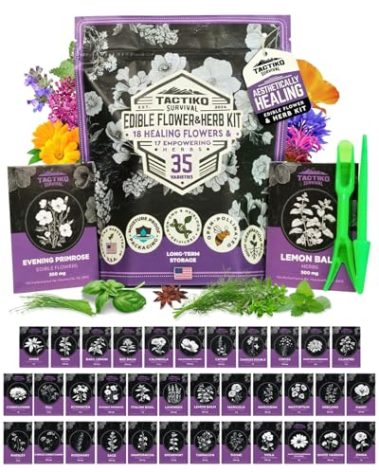 35 Tactiko Edible Flower & Herb Seeds Kit Variety - USA Grown Heirloom Non-GMO Open-Pollinated Seeds for Planting - Indoor Outdoor Gardening - Survival Long-Term Storage - Resealable Mylar Bag