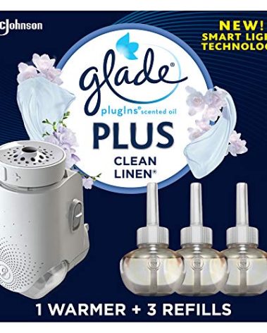 Glade PlugIns Plus Refills Air Freshener Starter Kit, Clean Linen, Scented and Essential Oils for Home and Bathroom, 0.67 Fl Oz, 1 Warmer + 3 Refills