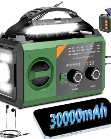 30000mAh Emergency Weather Radio, AM/FM/NOAA Hand Crank Radio with Wireless Speaker, Solar & Hand Crank Power, Built-in Flashlight, SOS Alarm, 15W Fast Charge (Green, 30000mAh)