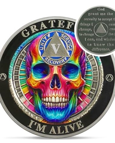 Rainbow Skull 5 Year Sobriety Coin - Grateful I'm Alive AA Coins - Recovery Addiction NA AA Chips and Medallions - 1-10 Years Living Clean Narcotics Alcoholics Anonymous Gifts for Men Women