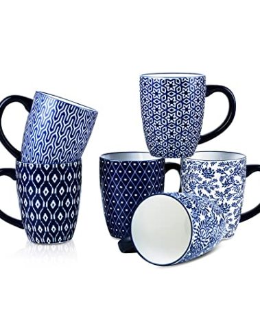 Selamica 16 oz Porcelain Coffee Mugs Set, Ceramic Tea Cup with Handle, dishwasher, oven, microwave safe, Pack of 6, Vintage Blue