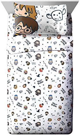 Jay Franco Kids Sheet Set with Fitted, Flat Sheets & Pillow Cover - Ultra-Soft Bedding with Pillowcase for Room Decor, White - Harry Potter, 3 Piece Twin