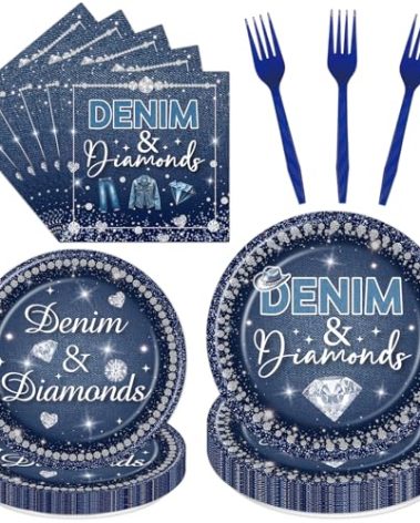 Yoyuspy Denim and Diamonds Party Decorations Tableware - 96PCS Jacket Jeans Paper Plates and Napkins Forks Birthday Decoration for Bachelorette Wedding and Baby Shower Supplies, Serve 24