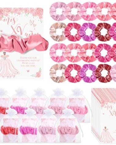 Thiccywoov 50 Sets Pink Quinceanera Party Favors for Guests Quinceanera Gifts bulk Include 50 Scrunchies 50 Thank You Card 50 Organza Bags for 15 Years Old Sweet 15 Years Birthday