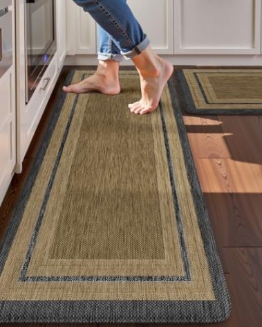 KIMODE Anti Fatigue Kitchen Mats 17"x47"+17"x29", Farmhouse Kitchen Rugs Sets of 2, Non Slip Kitchen Mats for Floor, Cushioned Comfort Standing Mats for Sink Laundry Office Desk Grey/Brown