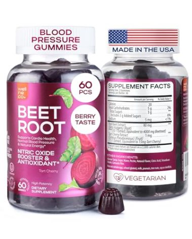 Beet Chews for High Blood Pressure - Beet Root Gummies Made in USA with Tart Cherry - Nitric Oxide Supplements for Energy and Cardio Health - Vegan, No GMO, Pectin Based - for Women and Men, 60 Pcs