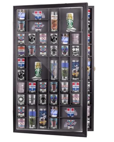 Removable Giant Shot Glass Display Case,30.5 * 19 Inches,70 Slots,Removable Shelves,Fit for Lots of Sizes Shot Glasses,Wall Mount,Gold Lock,with UV Protection Acrylic Glass Door
