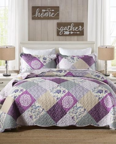 HoneiLife Quilt Set Queen Size - 3 Piece Microfiber Quilts Reversible Bedspreads Patchwork Coverlets Floral Bedding Set All Season Quilts- Late Spring,Queen/Full Size