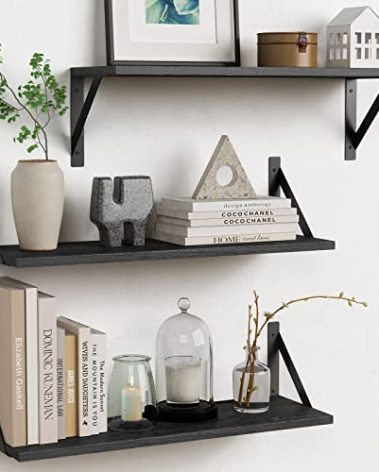 Forbena Large Floating Shelves for Wall 24 Inch Long Set of 3, 8 in Deep Wall Bookshelf for Bedroom Living Room, Wooden Heavy Duty Hanging Book Shelves for Office Kitchen Closet Storage (Black)