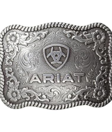 ARIAT Scalloped Logo Buckle with Twisted Rope Edge, Floral Scrolls, Filigree Detailing, 3 ¾" x 2 ¾"