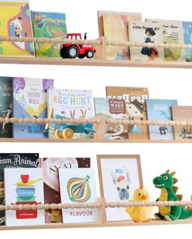 birola Nursery Book Shelves for Kids Rooms Set of 3,Wall Bookshelves for Kids Designed with Decorative Beads,Floating Nursery Shelves (31inches Natural)