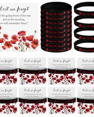 Daifunli 50 Set Veterans Wristband Bracelets Veteran Gifts Red Poppy Veterans Military Bracelets with Card Lest We Forget Silicone Wristband for Men Women Remembrance Day Favors Memorial Gifts Bulk
