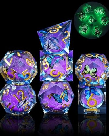 AUSTOR Liquid Core Butterfly Resin Glow in The Dark Dice Set, 7-Die Sharp Edge Polyhedral Dice for Dungeons and Dragons RPG, MTG, Table Games
