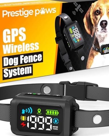 Prestige Paws GPS Wireless Dog Fence - No Monthly Fee, Waterproof Pet Containment System with Smart Shock Collar - Safe GPS Tracker for Dogs - Adjustable, Rechargeable, Easy Setup