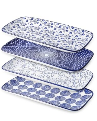 Selamica Ceramic Serving Platters, 14 Inch Serving Trays for Party Entertaining, Large Rectangular Serving Plates for Appetizer, Charcuterie, Dessert, Fruit, Set of 4, Vintage Blue