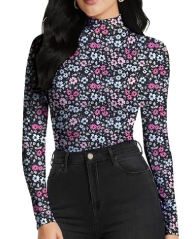 YumiDay Women Mock Turtleneck Tee Shirts Long Sleeve(Black Floral,S)